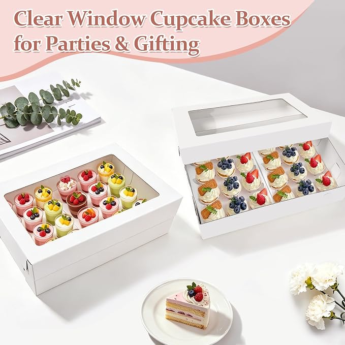 4 Pack Sturdy Corrugated Cupcake Boxes with Window for 24 Standard or Mini Cupcakes, 17.7x11.8x4 Inch Bakery Boxes for Cakes, Cookies, Donuts, Muffins and Pastries