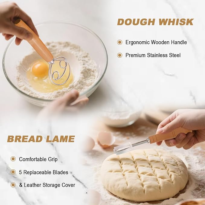 Sourdough Bread Proofing Basket Kit - Banneton Baking Set, Sour Dough Making Tools Supplies, 9" Round and 10" Oval Cane Baskets with Bowl Scraper, Bread Lame, Danish Whisk, Linen Liners, Dough Scraper