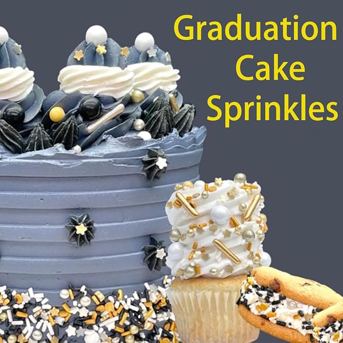 Sentovac Graduation Sprinkles Black Gold Sliver White Mix Edible Sprinkle Graduation Season Theme for Cake Decorating Candy Cupcake Cake Topper Cookie Baking Decorations Supplies