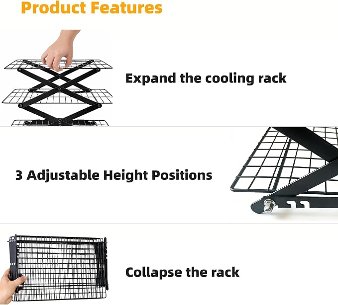 4 Tier Collapsible Cooling Rack for Baking, Adjustable Stackable Wire Cookie Cooling Racks, Space-Saving Foldable Baking Rack with Stable X-Leg Design for Cookies, Cakes, Bread and Pastries