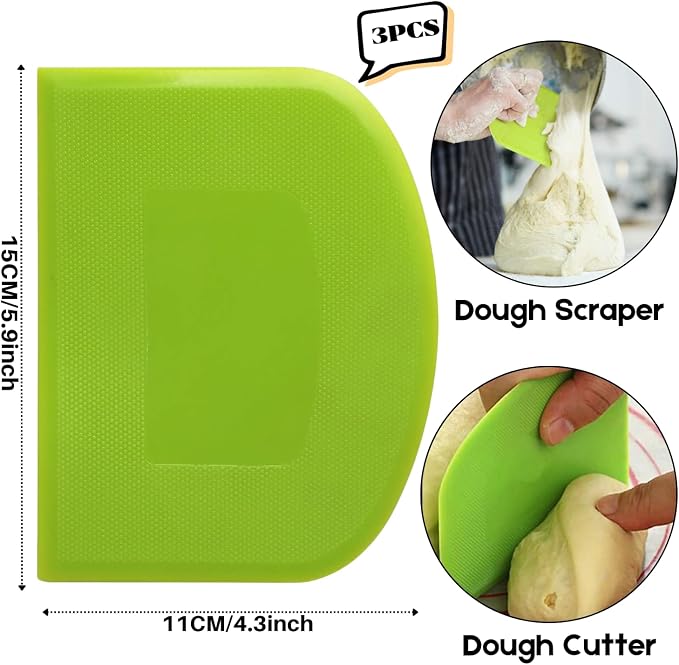 SURDOCA Dough Scraper Bench Scraper - 3P 5.9x4.3" Plastic Flexible Bowl Scraper, Sharp Edge & Angles Cake Scraper. Non-Slip Bakeware Decorating Tools Sculpting & Modeling Tools - White+Green+White