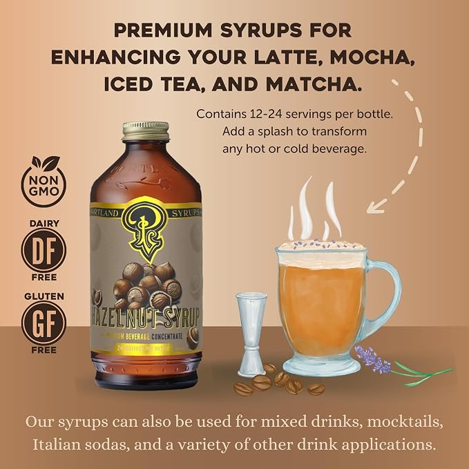Portland Syrups Hazelnut Syrup – Flavoring for Coffee, Lattes, Cold Brew, Macchiatos, Cocktails, Desserts – Ideal for Drinks & Adding a Hazelnut Touch to Any Beverage – 12 oz, 24 servings (Pack of 1)