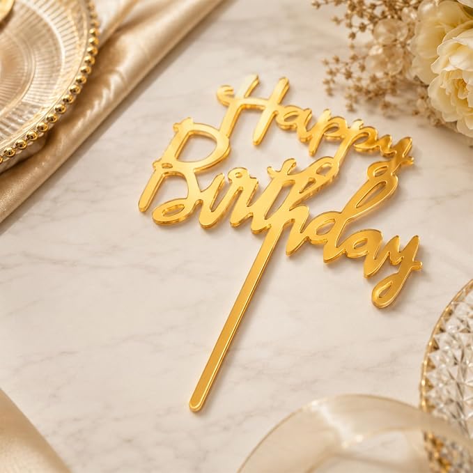 2 PCS Gold Happy Birthday Cake Topper, Acrylic | Hand-Drawn Happy Birthday Topper for DIY Party Cake Decoration, Perfect Keepsake for your family and friends