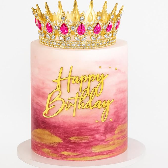 8 Pcs Rose Red and Gold Queen Crown Cake Topper for Women, Happy Birthday Cake Toppers Foam Balls Rhinestone Crystal Tiara Wedding Decoration for Princess Party Photo Props