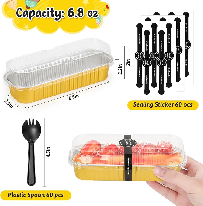 selizo 60 Pack 6.8oz Mini Loaf Baking Cake Pans with Lids, Rectangle Disposable Aluminum Foil Loaf Baking Pans, Small Baking Cake Tins Cup Cake Containers for Individual Cakes (Gold)