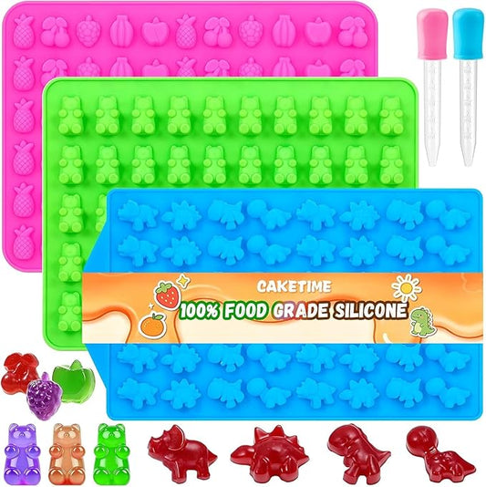 Gummy Candy Molds with 2pcs Droppers, Silicone Bear Dinosaur Fruit Snack Molds, Non-stick Silicone Chocolate Molds for Gummies Candy Chocolate Baking