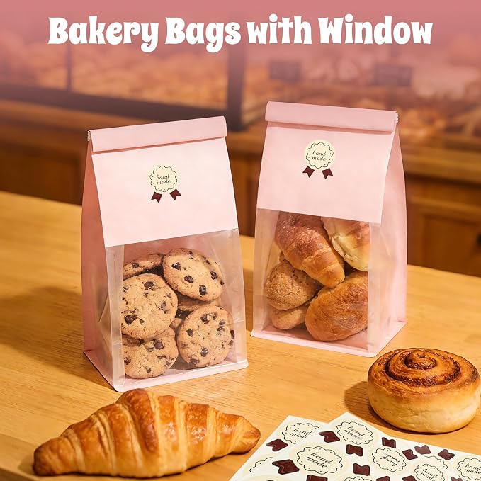 100 Bakery Bags with Window, 5.1x3.9x11 Inches Paper Bread Bags, Tin Tie Tab Lock Cookie Bags Food Storage Bag for Snacks, Popcorn, Candies, 120 pcs Stickers Included (100, Medium)
