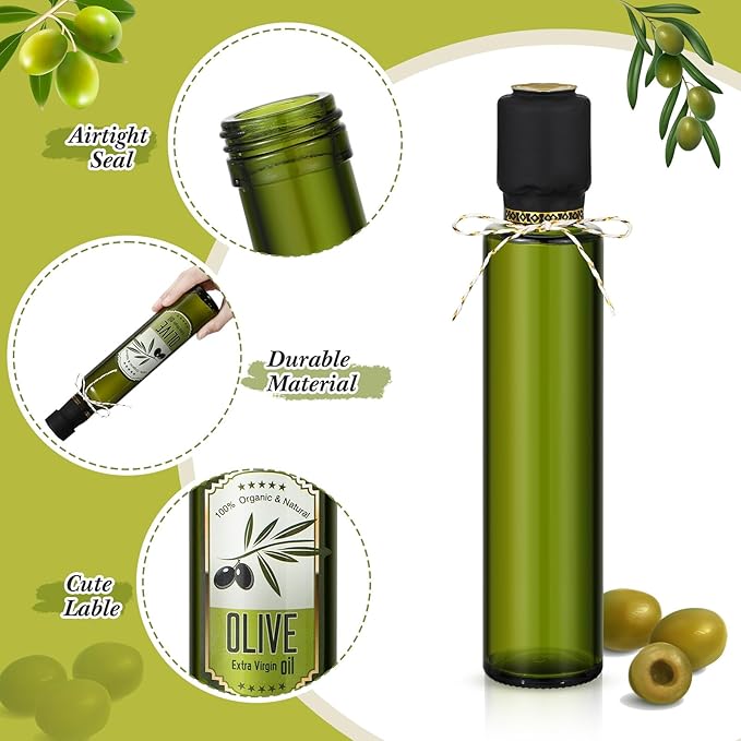 Reallnaive 12 Sets 8 oz Glass Olive Oil Bottles Empty Sauce Condiment Bottles with Tags and Twine and Funnel for Storing Homemade Olive Oil Christmas Wedding Baby Shower Gifts(Dark Green)