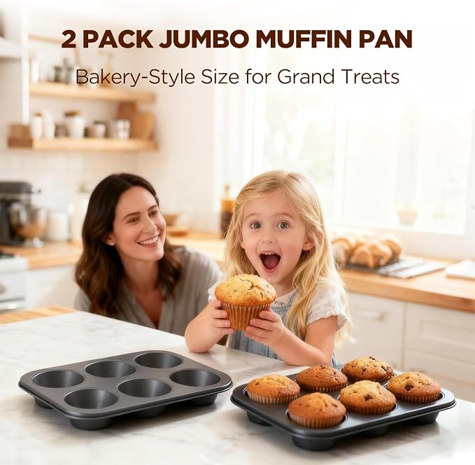 2 Pack Jumbo Muffin Pan, Texas Size Nonstick Cupcake Pan, 6-Cup Giant Muffin Tin, Carbon Steel Baking Pan for Muffins, Cupcakes, Brownies, Easy Clean & Heavy Duty(JP-01)