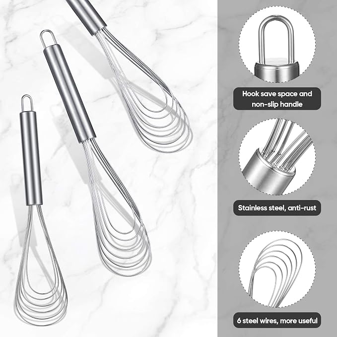 Patelai 3 Pieces Kitchen Flat Whisk Set Stainless Steel Flat Wire Egg Whisk Cooking Kitchen Utensil for Cooking Blending Whisking Beating Mixing Stirring Sauces Batter(8'', 10'', 11.6'')