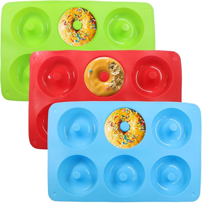 Non-Stick Doughnut Pan Set of 3 - Flexible Silica gel Baking Molds for Perfect Donuts, Cakes & Bagels, Dishwasher Safe, Just Pop Out for Easy Release, BPA-Free & Odorless（Round styles