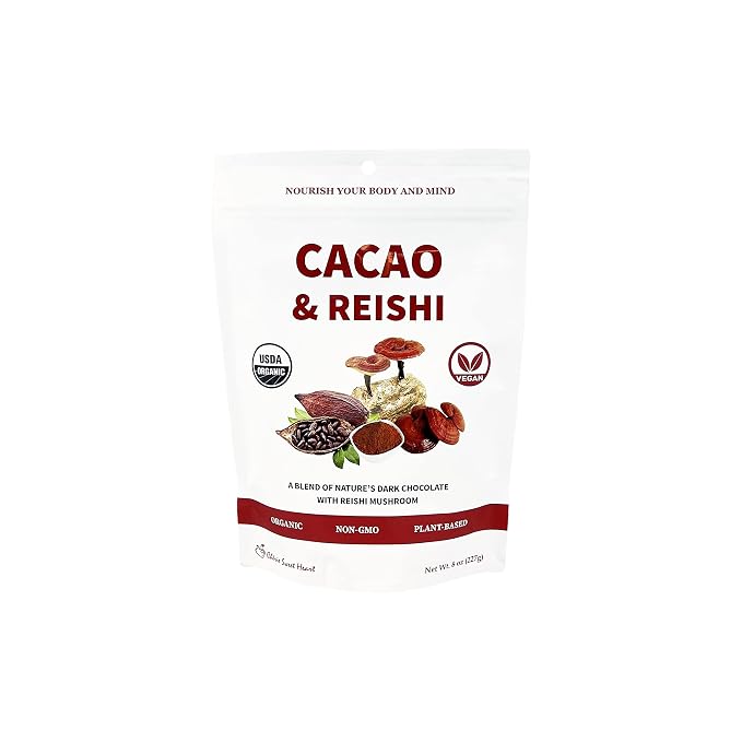 Cacao & Reishi Mushroom Blend Powder, 8oz - Organic, Non-GMO, Vegan, Gluten Free, Keto Bag – Antioxidant-Rich Raw Cacao with Adaptogens to Support Relaxation & Wellness