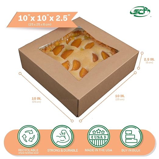 SCT Kraft Window Bakery Box (200 Pack) 10x10x2.5, Auto Pop-Up Bakery Carrier for Pies, Donuts, Pastries, Kraft with Clear Lid, 24233K