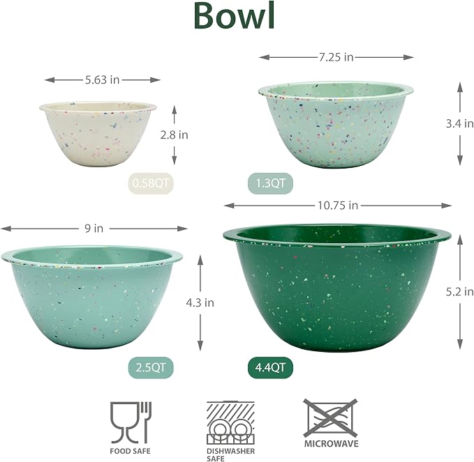 bzyoo Confetti Nesting Mixing Bowls Set - 4-Piece Colorful Kitchen Bowls (18oz, 1.25QT, 2.5QT, 4QT) - BPA-Free, Dishwasher Safe, Space-Saving Design Green Colors