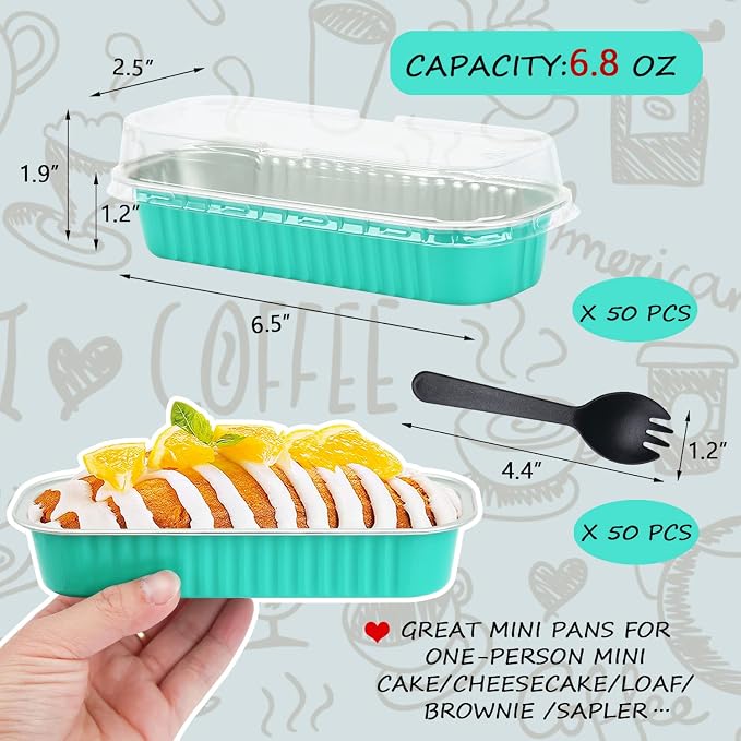 Aluminum Foil Mini Loaf Pans With Lids 50 Pack,LNYZQUS 6.8oz Rectangle Baking Cups Muffin Tins,Disposable Baking Tins Mini Baking Pans Holders -Cyan Blue