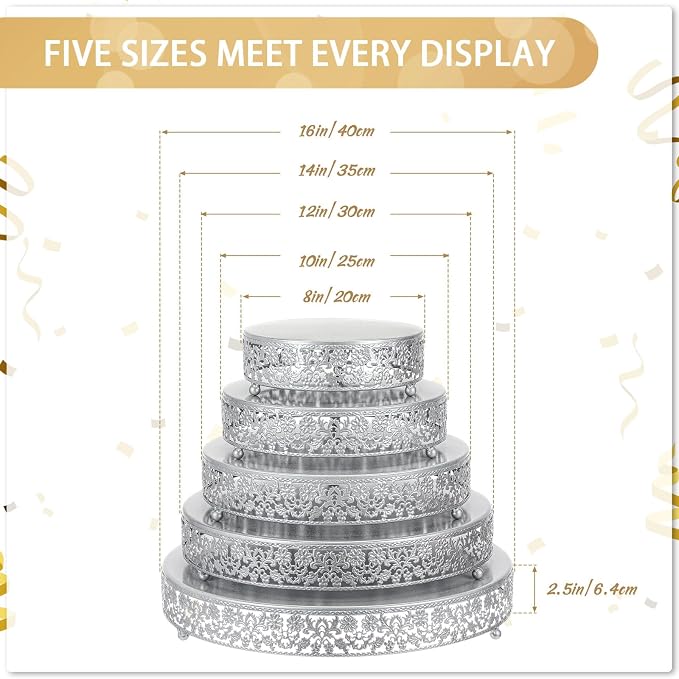 Wenqik 5 Pcs Metal Silver Cake Stand 16/14/12/10/8 Inch Round Cake Holder Display for Dessert Table Cookies Fruit Serving Tray Cupcake Pastry Riser for Wedding Birthday Party and Events