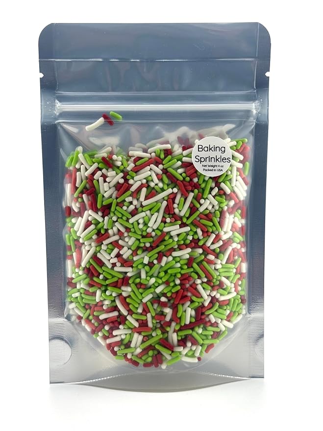 Red Green White Edible Sprinkles for Holiday Christmas Cake Decorating, Cupcakes, Cookies, Ice Cream and Donut Toppings Edible Decorating Baking Supplies - 4 oz package