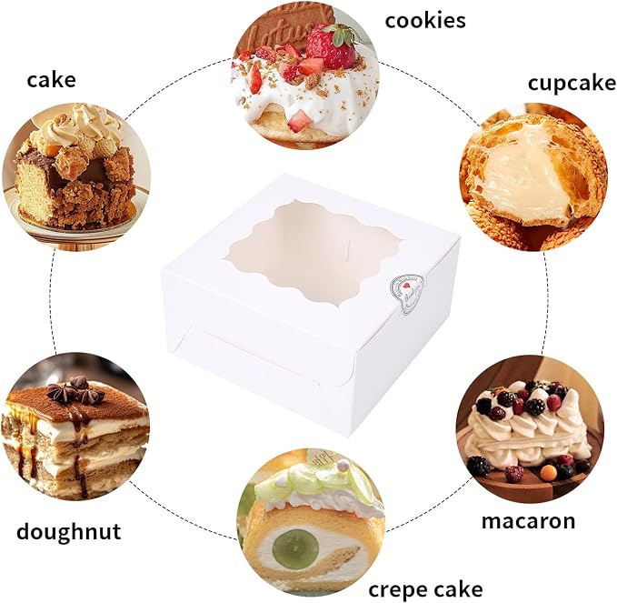 100 pcs 6x6x3 Inches Small Cake Box with Window, 6 inch Cookie Boxes Bakery Pastry, Mini Pie container for Pastry,Dessert,Strawberries,Chocolates, Cupcakes with paper stickers (White)