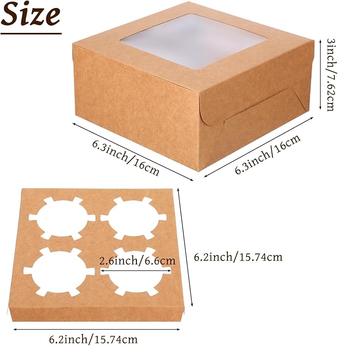 50 PCS Window Cupcake Boxes 4 Count, 6.3x6.3x3 Inch Muffin Boxes with Clear PET Lid & Paperboard, Disposable Bakery Containers for Pastries Cookies Desserts