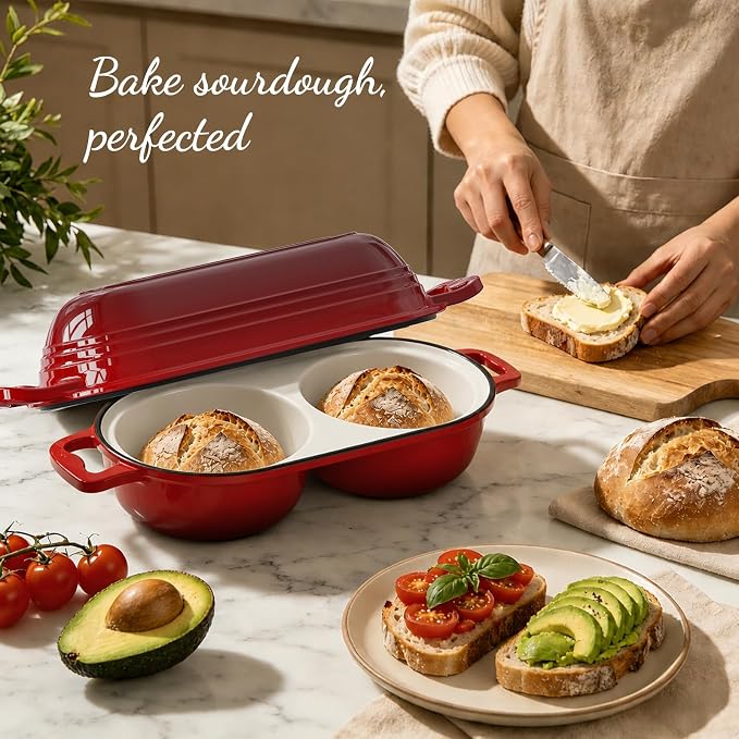 Dutch Oven For Sourdough Bread Baking – Enameled Cast Iron Dutch Oven Pot with Lid, Double Bread Loaf Pan – 500°F Oven Safe Non Stick Bread Pot for Homemade Bread, Meatloaf, Cake–Round Loaf Space, Even Heating– Red
