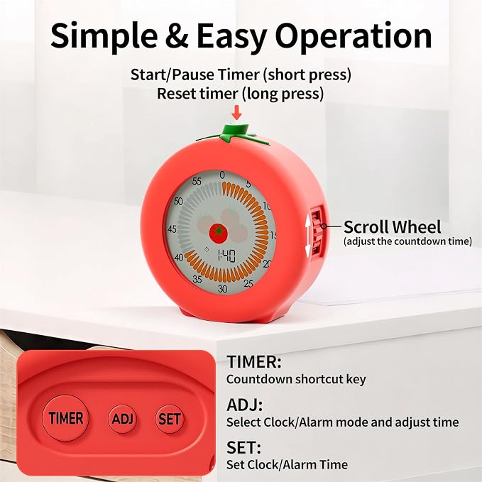 Tomato Visual Timer for Kids, 299 Minute Cute Pomodoro Countdown Timer, Kitchen Cooking Helper Timer with Pause Function, Clock and Alarm, Digital Timer for Classroom, Office and Meetings