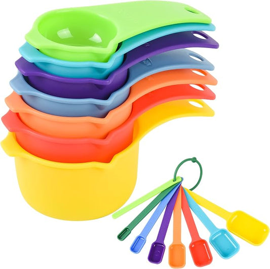Plastic Measuring Cups and Spoons Set 15, Dry Colorful Measuring cups, Stackable Rainbow Color 7 Measuring Cups and 7 Measuring Spoons with Leveler for Baking and Kitchen