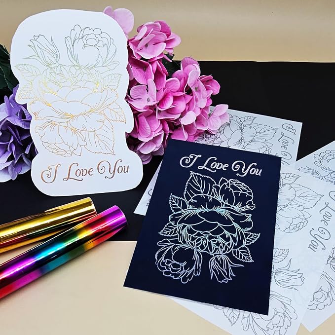 3pc I Love You Flower Stick&Shine Foil Transfer Sticker Paper for Handmade Card Making Scrapbooking and Album Journal Invitation Decoration Metallic Hot Foil Transfer Printing Adhesive Sheets