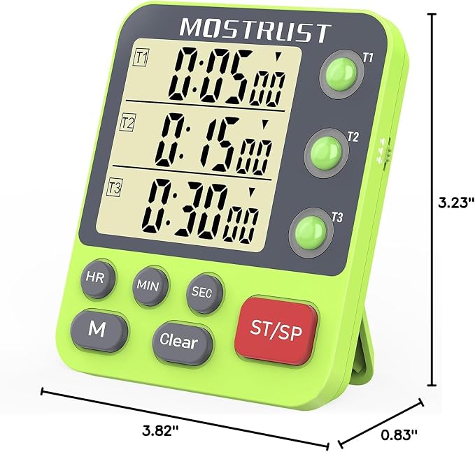 Digital Dual Kitchen Timer, 3 Channels Countdown Triple Timer for Cooking, Magnetic Memory-Preset Large-Display Adjustable Alarm Volume, Multi Times Management, 3A Battery Included, Green