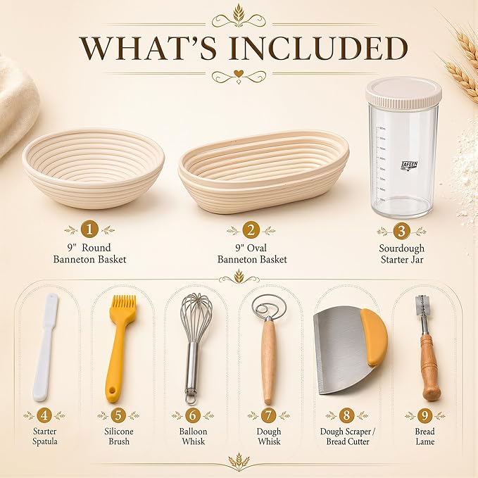 Sourdough Starter kit with Sourdough Starter Jar, 9" Round and Oval Banneton Basket, Dough Scoring Tool, Whisk and Bread Cutter for Homemade Bread a Complete Sourdough Kit