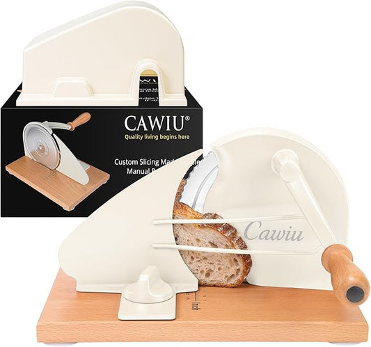 CAWIU Upgraded Manual Bread Slicer for Homemade Sourdough Bread - Adjustable Thickness Bread Cutter with Hand Crank, Suction Cups, Slicing Guide, Scale Line & Cover, for Perfect Even Slices (Cream)