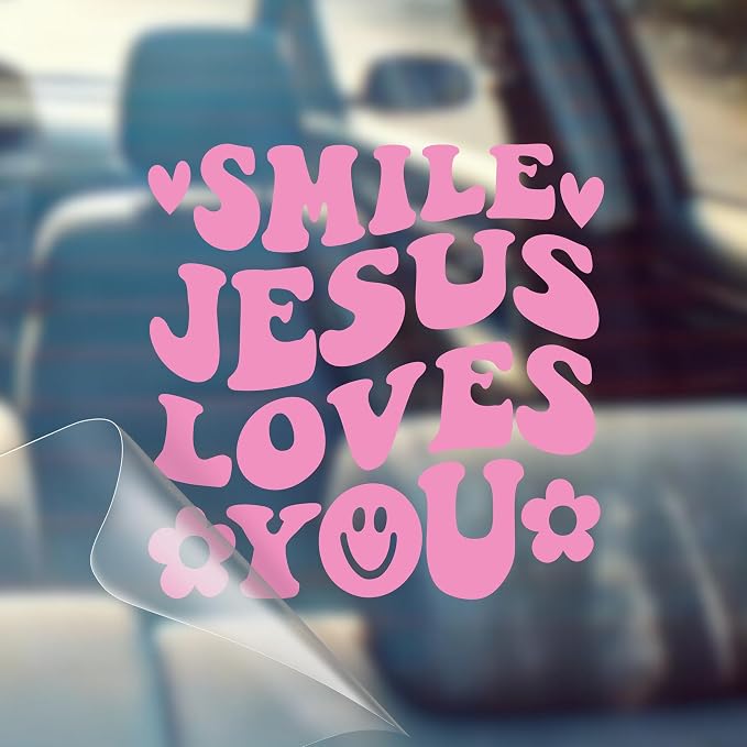 Smile Jesus Loves You - Christian Jesus Cross Car Vinyl Decal Bumper Sticker for Car, Wall, Window, Vehicle, Weather Resistant, Viral (2, Pink)