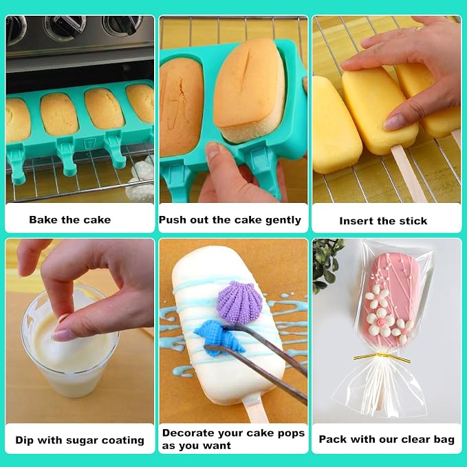 Juome Cake Pop Mold Kit, 2 Pack 8 Cavities Cakesicle Molds Silicone with 100 Wooden Sticks & 100 Packaging Bags with Ties, Cake Pop Maker Supplies Accessories, Baking Tools for Home Desserts (Green)