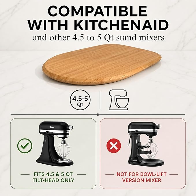 Ibyx Premium Bamboo Mixer Slider for KitchenAid 4.5-5 Qt Tilt-Head Stand Mixer - Food-Grade Appliance Slider Mat for Kitchen Countertop Storage Accessories (Natural)
