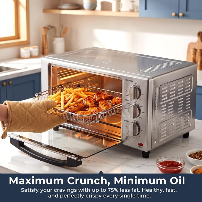 Air Fryer Toaster Oven with Grill, 23 QT Quiet Convection Oven Countertop, 7 Presets, Air Fry, Toast, Bagel, Bake, Roast, Fits 12" Pizza, Stainless Steel