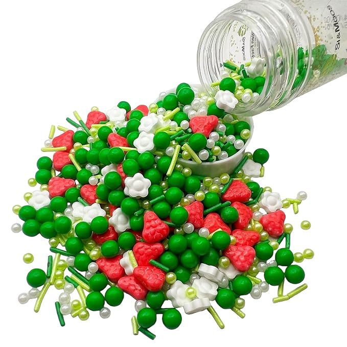SE Si&Moos Strawberry Sprinkles Edible Strawberry Cake Decorations Edible White Mini Flowers Green Sprinkles for Cake Decorating Party Baby Shower Holiday Supplies 3.5 OZ