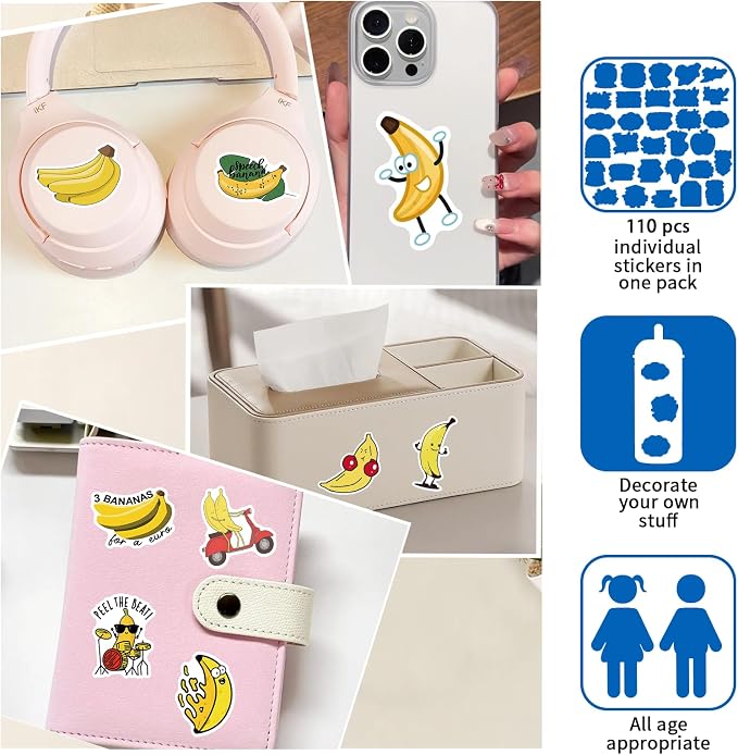 Banana Stickers 110PCS, Vinyl Waterproof Banana Decals for Water Bottle Student Laptop Luggage Guitar Gifts for Teens Girls Kids Adult