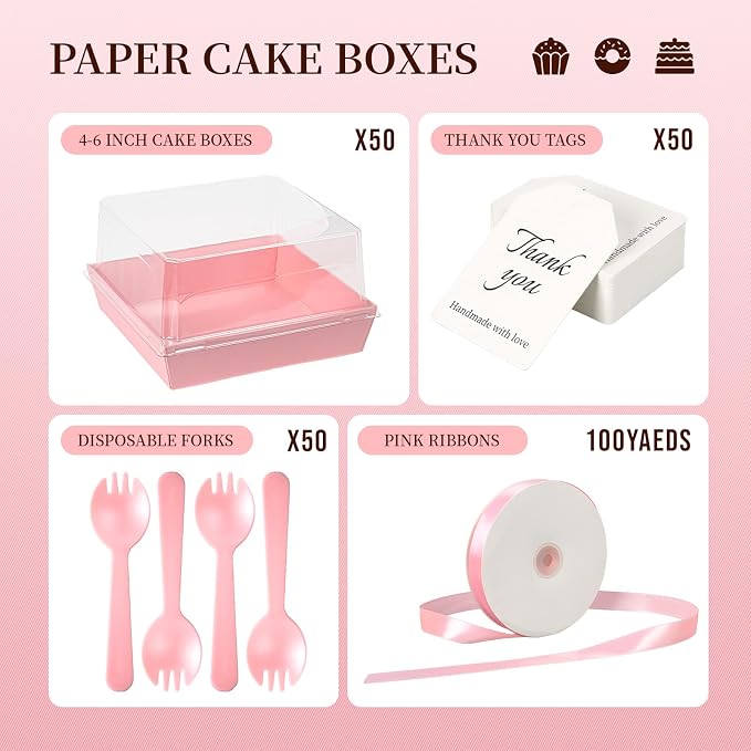 7 x 7 x 4 Inches Paper Cake Boxes with Clear Lids, 50 Pack Pink Large Charcuterie Square Food Containers, Valentine's Day Disposable Bakery Boxes for 4-6 Inch Bundt Cake, Pie, Dessert