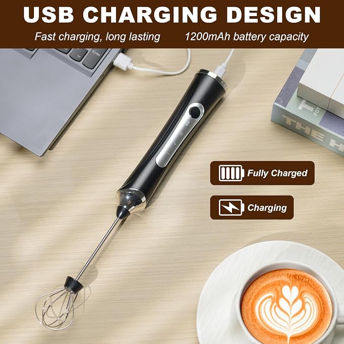 Handheld Electric Milk Frother with 2 Heads, Coffee Whisk Foam Mixer with USB Rechargeable 3 Speeds, Foam Maker Blender for Latte, Cappuccino, Hot Chocolate, Egg