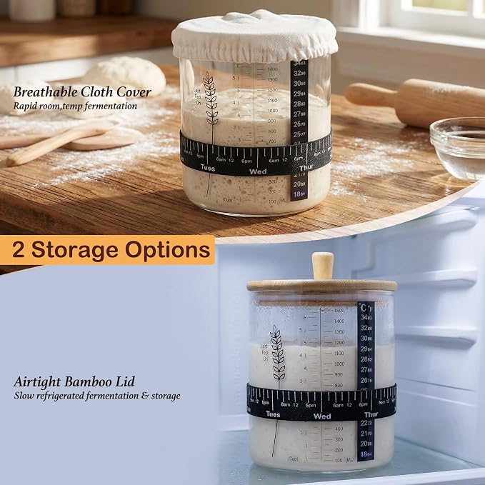 Premium Sourdough Starter Jar Kit - 50oz Large Wide Mouth Glass Jar with Bamboo Lid,Cloth Cover, Date Tracker, Thermometer, Silicone Non-Slip Mat & Scraper, Sourdough Bread Baking Supplies