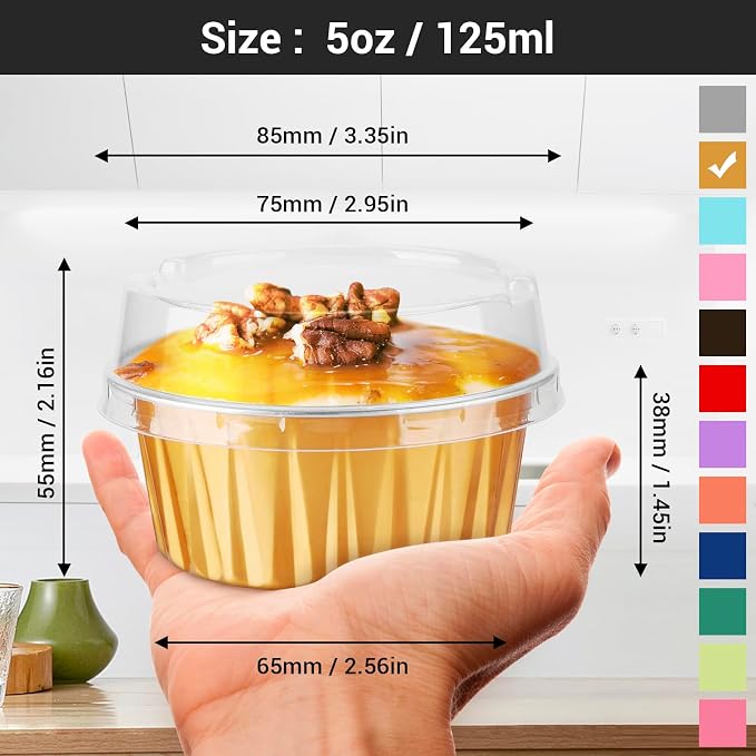 EUSOAR Disposable Ramekins Aluminum Foil, Gold 25Packs 5oz Baking Cups with Lids Mini Muffin Liners, Dessert Cheesecake Pan Oven Safe Creme Brulee Cupcake Containers for Catering Club Wedding Party