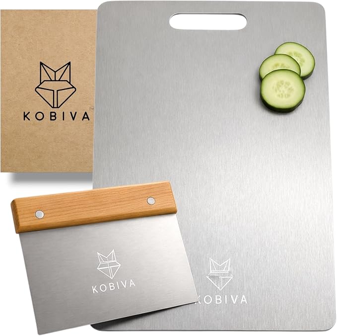 Stainless Steel Pastry Cutting Board 15x11 with Bench Scraper | Metal Dough Board for Kneading Bread & Baking – 304 Food-Grade Chopping Board, Dishwasher Safe, Knife-Friendly, Heavy Duty