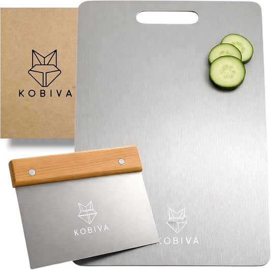 Stainless Steel Pastry Cutting Board 15x11 with Bench Scraper | Metal Dough Board for Kneading Bread & Baking – 304 Food-Grade Chopping Board, Dishwasher Safe, Knife-Friendly, Heavy Duty