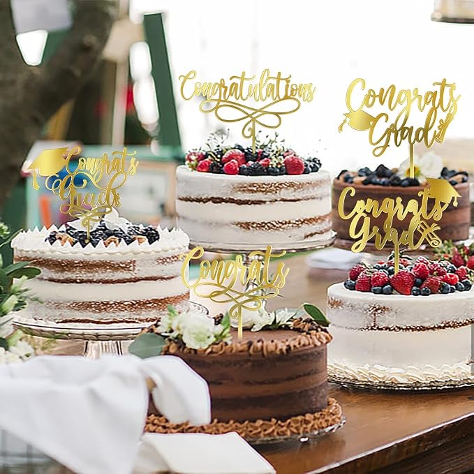 PALASASA Congrats Grad Cake Topper-Class of 2026 Graduate Party-2026 High School/College/Senior Graduation Party 6 kinds Design Graduation Acrylic Cake Decorations (6 Pcs, Gold)