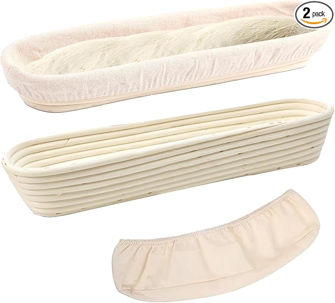 Banneton Bread Proofing Basket - 15 Inch Baguette Sourdough Bread Basket with Liner - Set of 2- Natural Rattan-Mother's Gifts
