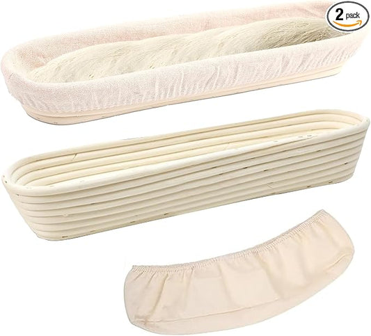 Banneton Bread Proofing Basket - 15 Inch Baguette Sourdough Bread Basket with Liner - Set of 2- Natural Rattan-Mother's Gifts