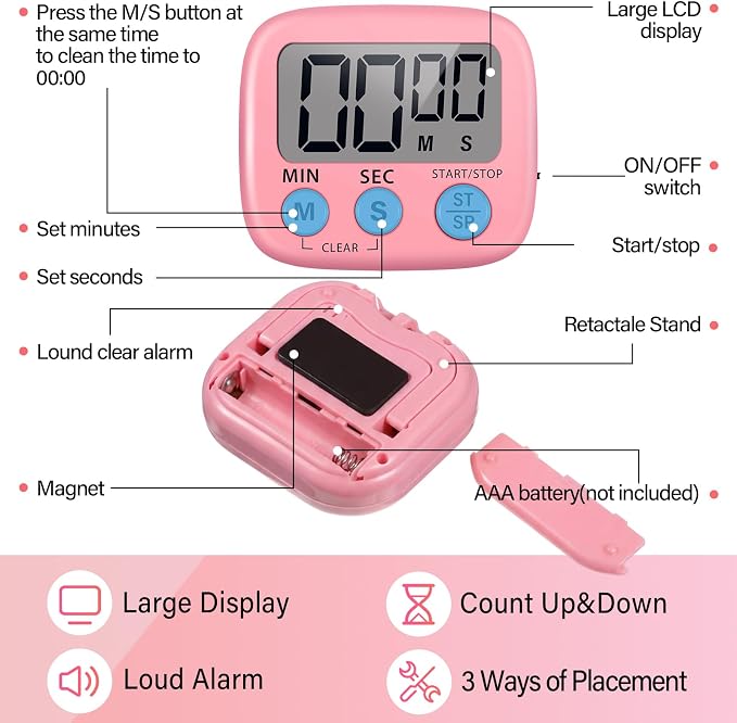 Weewooday 6 Pcs Small Digital Kitchen Timer Magnetic Back and Switch Minute Second Count up Countdown Big LCD Display Loud Alarm for Teacher Cooking Baking (Colorful)