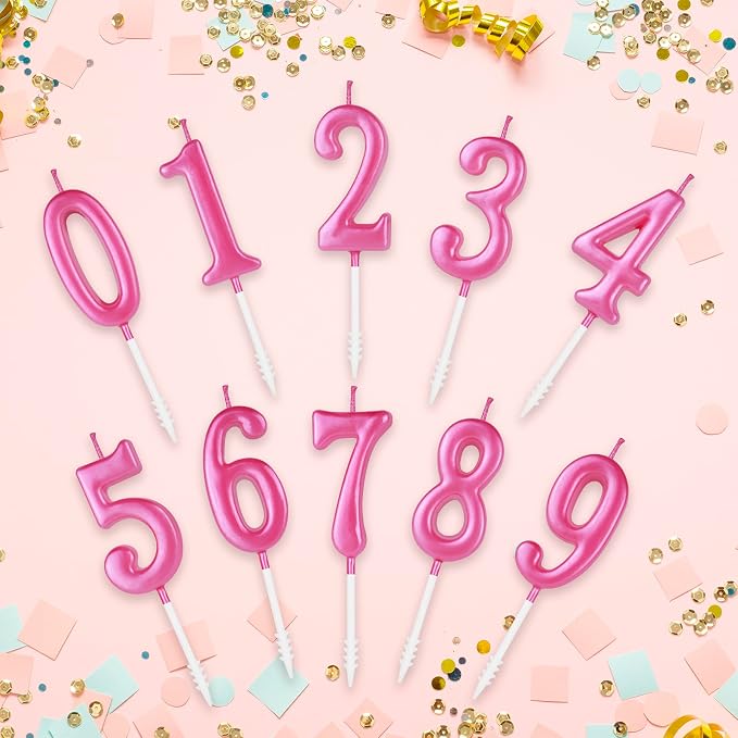 Beanlieve Pink Numeral Birthday Candles - Cake Numeric Candles Number 0 1 2 3 4 5 6 7 8 9,Used for Cake Decoration on Birthday Parties and Wedding Anniversary Celebrations(10 Pieces)