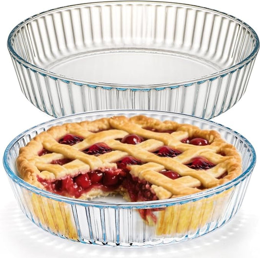 2 Pack Glass Pie Plates, 10 Inches Round Deep Baking Pie Dish, Clear Oven Safe Fluted Pie Serving Pan, Non-Stick Quiche Bakeware Set for Apple Pies, Tart, Salad, Dessert, Microwave & Oven Safe