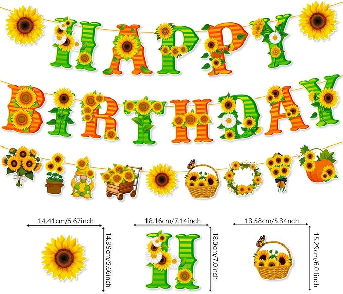 Zwiebeco Green Yellow Orange Sunflower Happy Birthday Party Decoration Banner Bunting Garland Hanging Paper for Boys Girls Kids Women Spring Summer Sunflower Flowers Themed Party Accessories Supplies