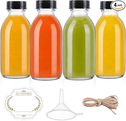 4 oz Small Glass bottles, 4 Pack Empty Clear Juice Glass Bottle with Cap for Homemade Vanilla Extract, Essential Oils, Potion, Syrup, Liquids, Christmas, Holiday Gift